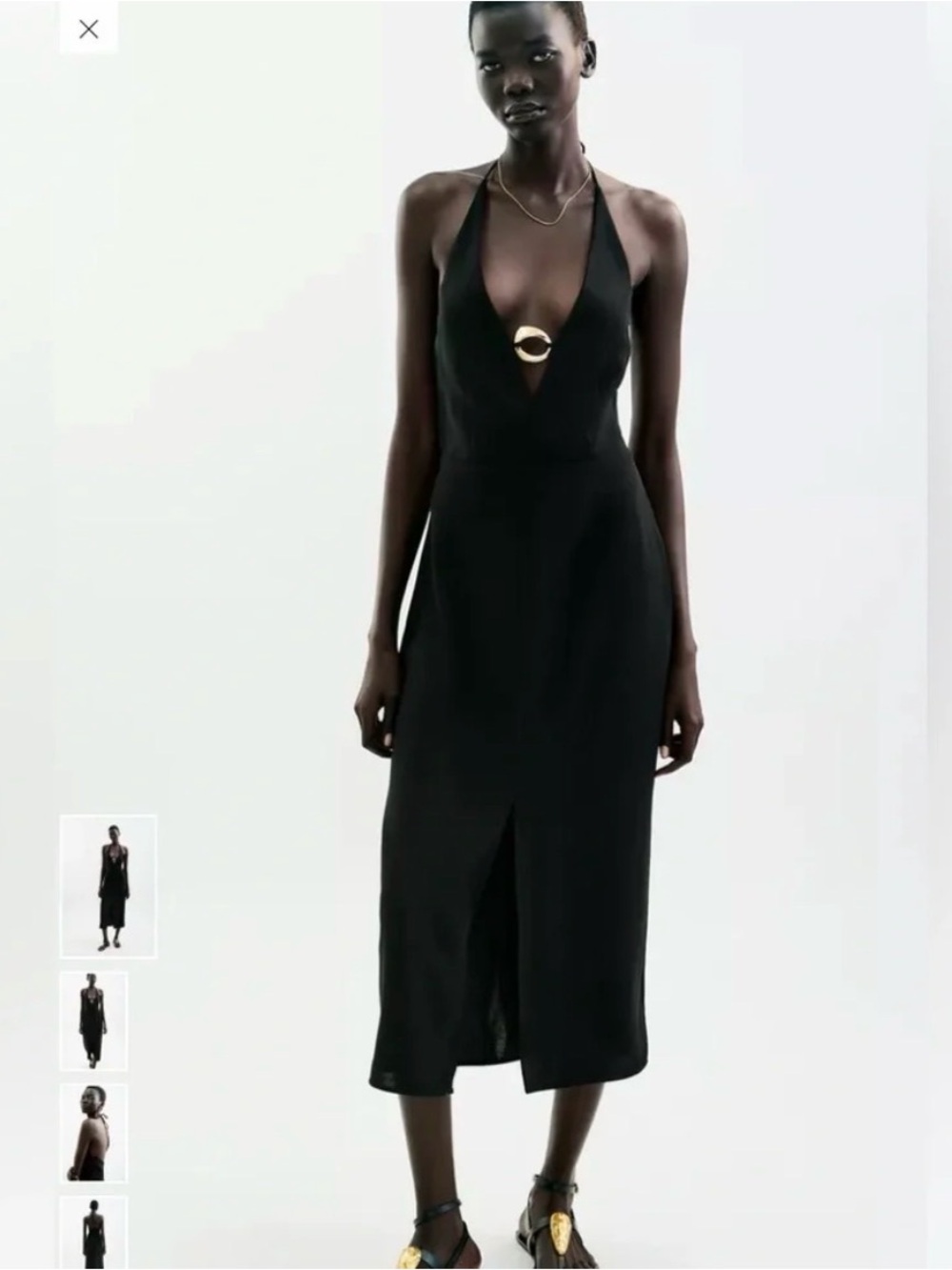 Zara Black Halter Midi Dress with Gold Ring Detail